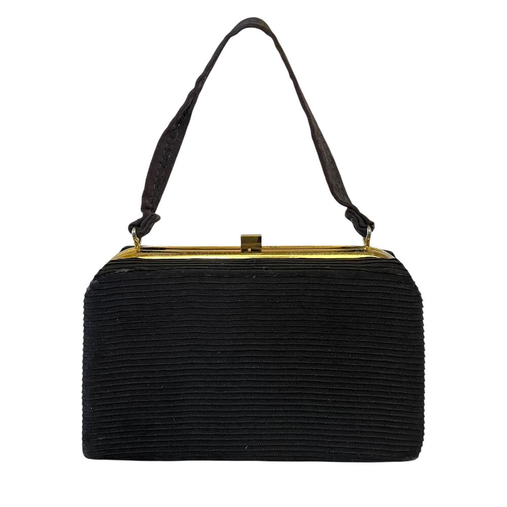 1950s Vintage Black Pleated Faille Top Handle Frame Handbag